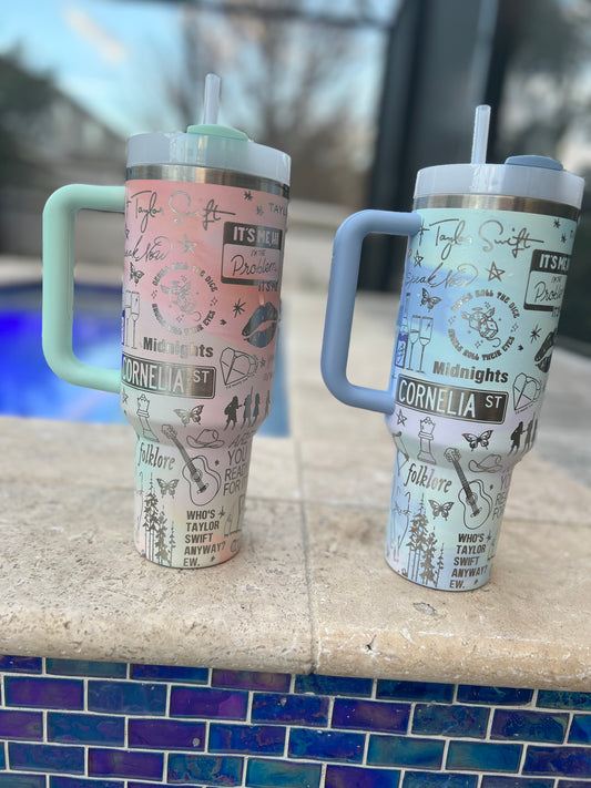 Swiftie Eras -40 Oz or 30 Oz Stanley Quencher H2.0 Travel Tumbler with Handle - Full Wrap Engraved