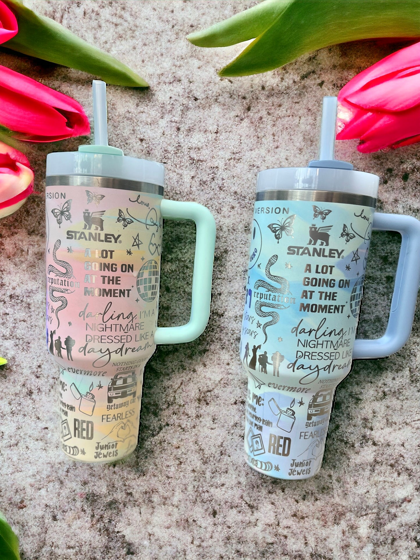 Swiftie Eras -40 Oz or 30 Oz Stanley Quencher H2.0 Travel Tumbler with Handle - Full Wrap Engraved