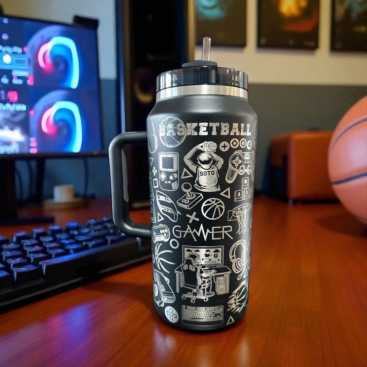 Gamer/ Basketball Stanley Quencher: 64 Oz Laser Engraved Tumbler