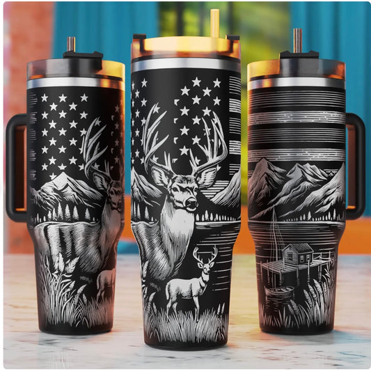 Deer Hunting-40 OZ Stanley Quencher H2.0 Travel Tumbler/Cup with Handle-Full Wrap Laser Engraved