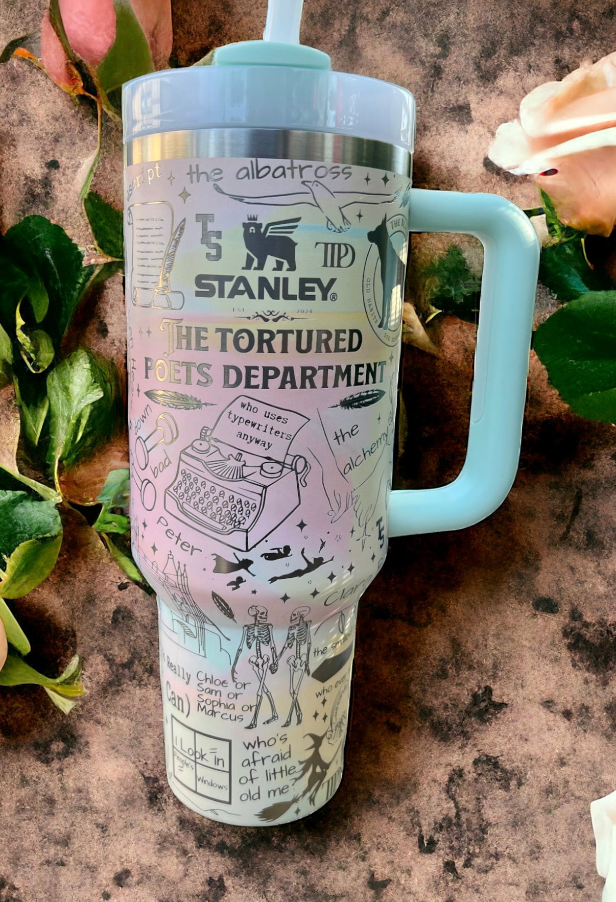 Taylor Swift Tortured Poets -40 Oz/30 Oz Stanley Quencher H2.0 Travel Tumbler with Handle - Full Wrap Engraved