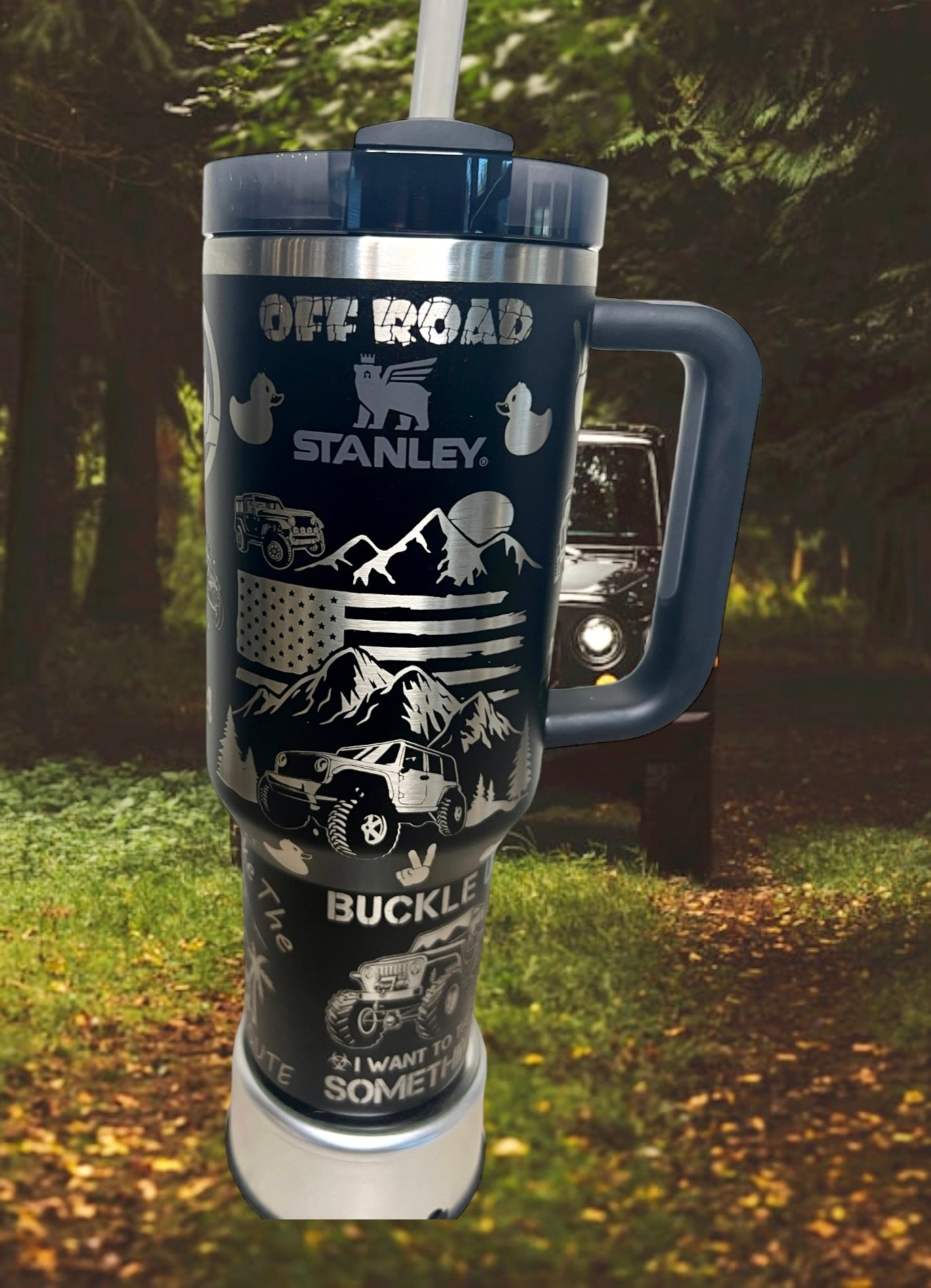 Off Roading Jeep Dad/Mom-40 Oz Stanley Quencher H2.0 Travel Tumbler with Handle - Full Wrap Engraved