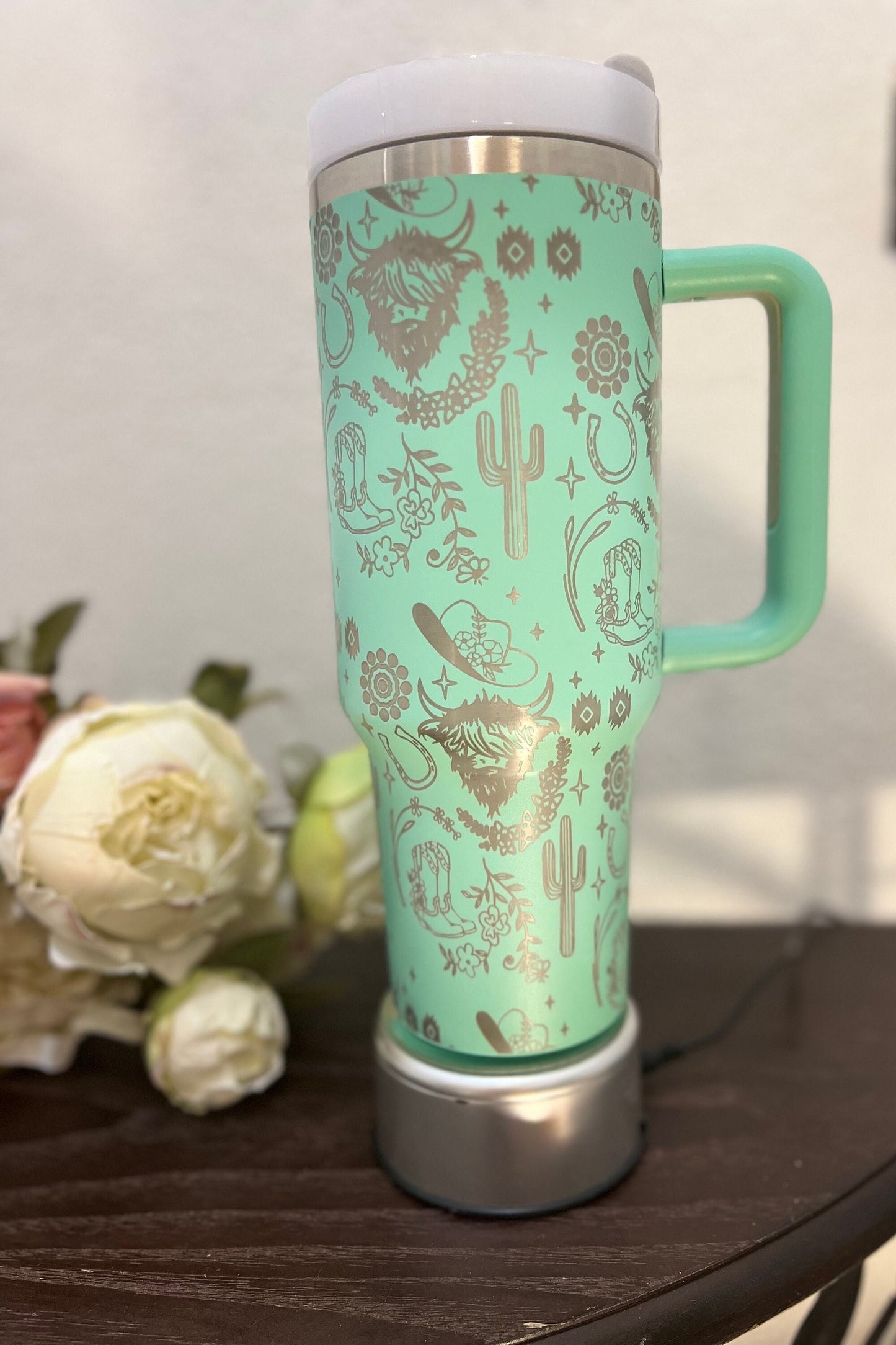 Highland Cow Western -40 OZ Travel Tumbler with Handle-Full Wrap Laser Engraved
