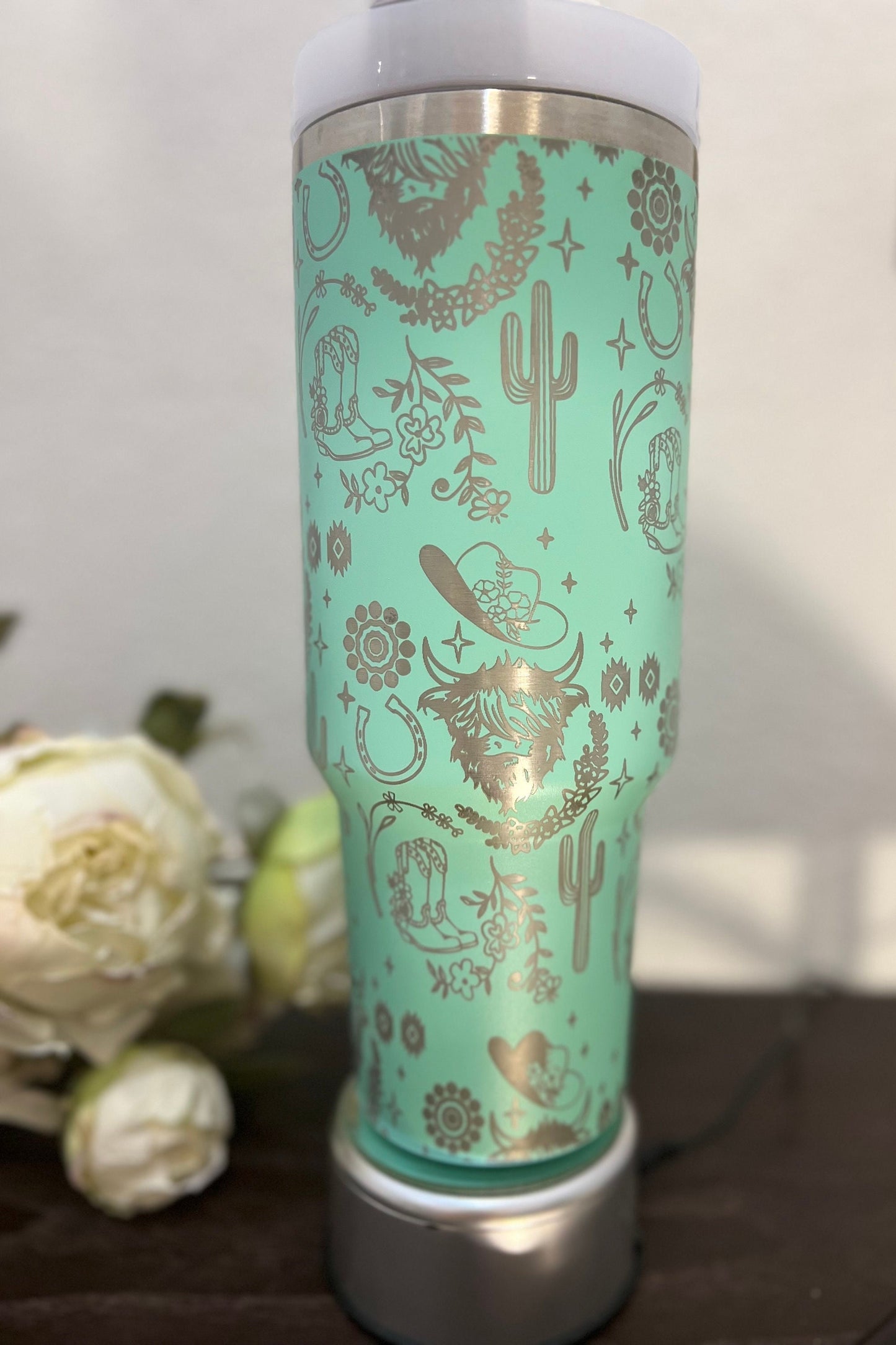 Highland Cow Western -40 OZ Travel Tumbler with Handle-Full Wrap Laser Engraved