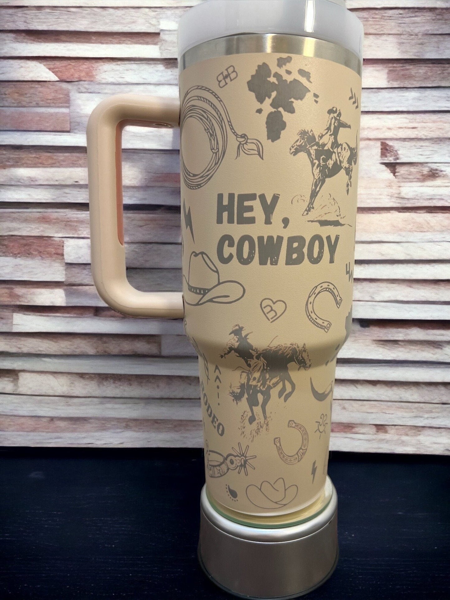 Hey Cowboy /Cowgirl -40 OZ Stanley Quencher H2.0 Travel Tumbler with Handle-Full Wrap Laser Engraved