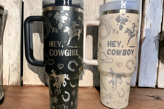 Hey Cowboy /Cowgirl -40 OZ Stanley Quencher H2.0 Travel Tumbler with Handle-Full Wrap Laser Engraved