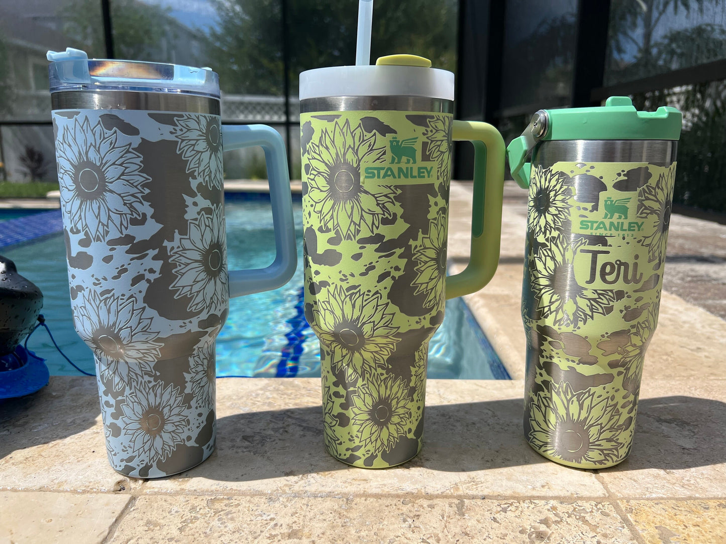 Sunflower CowPrint -40 OZ Stanley Quencher H2.0 Travel Tumbler with Handle-Full Wrap Laser Engraved