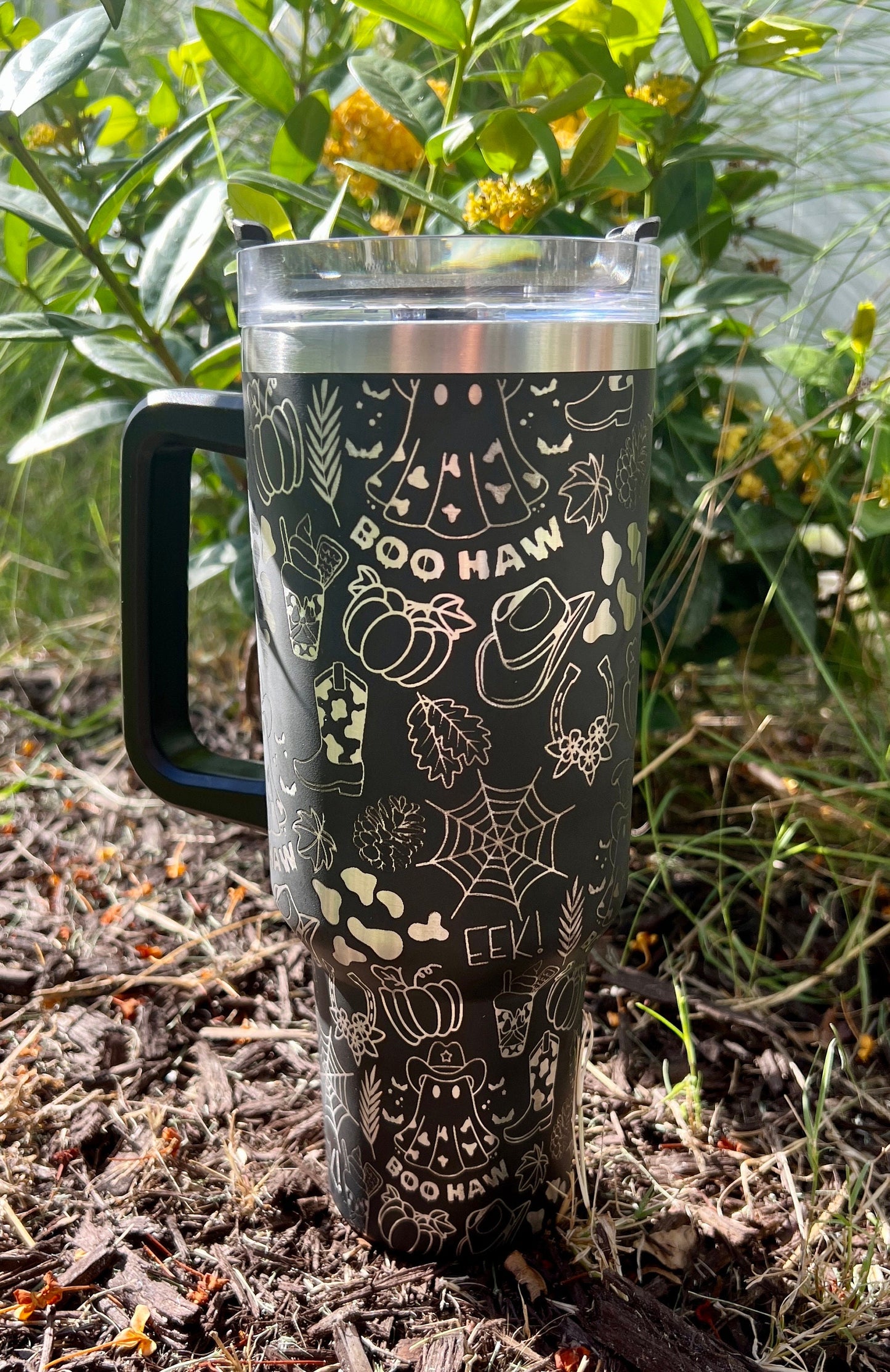 Cowboy Ghost Halloween Doodle-40 Oz Stanley Quencher H2.0 Travel Tumbler with Handle - Full Wrap Engraved