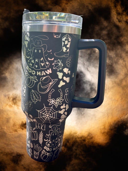 Cowboy Ghost Halloween Doodle-40 Oz Stanley Quencher H2.0 Travel Tumbler with Handle - Full Wrap Engraved