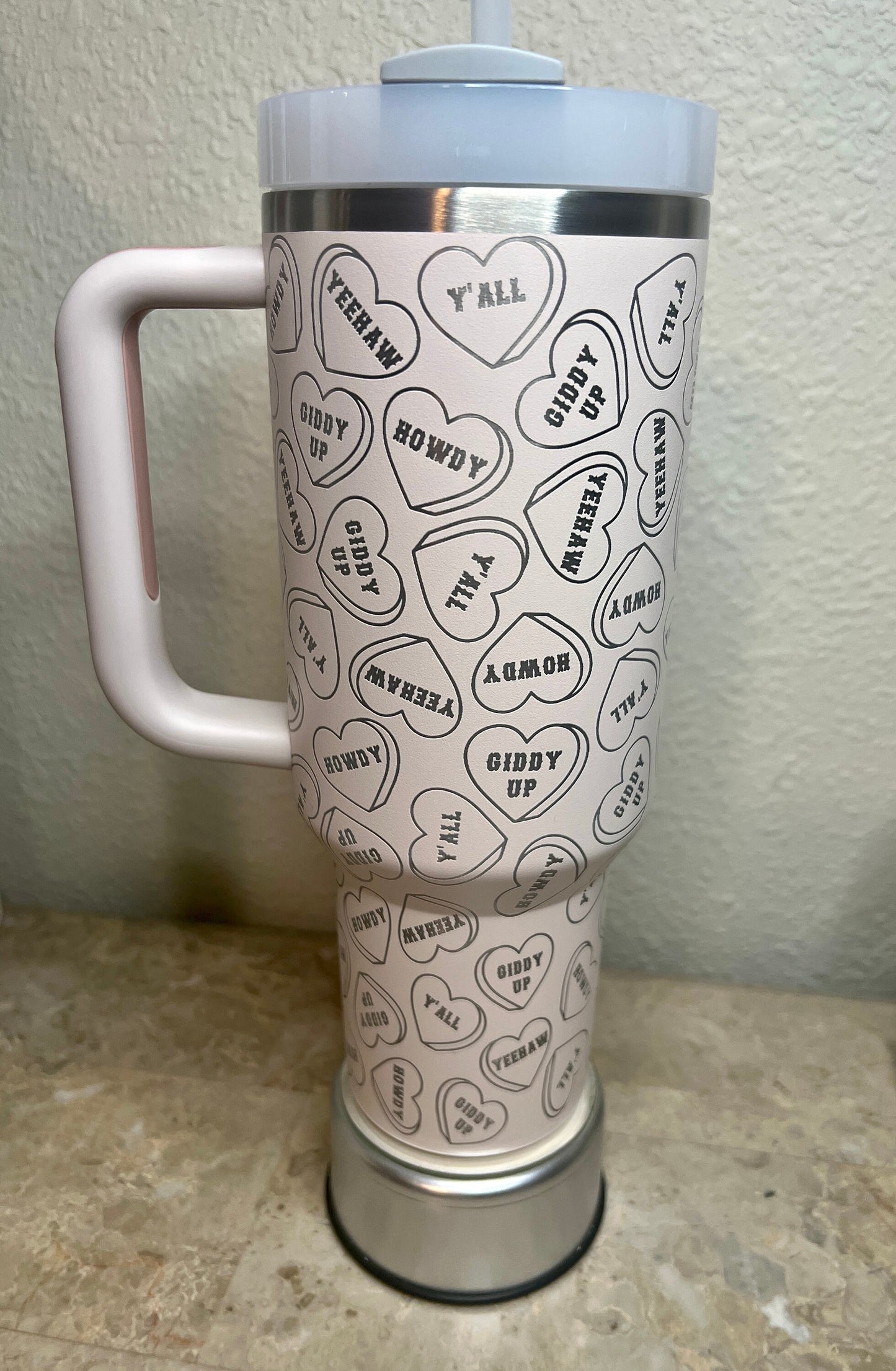 Candy Hearts Y’all -40 OZ Stanley Quencher H2.0 Travel Tumbler with Handle-Full Wrap Laser Engraved