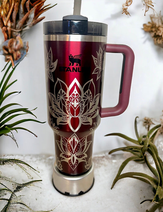 Lotus Flower -40 OZ Stanley Quencher H2.0 Travel Tumbler with Handle-Full Wrap Laser Engraved