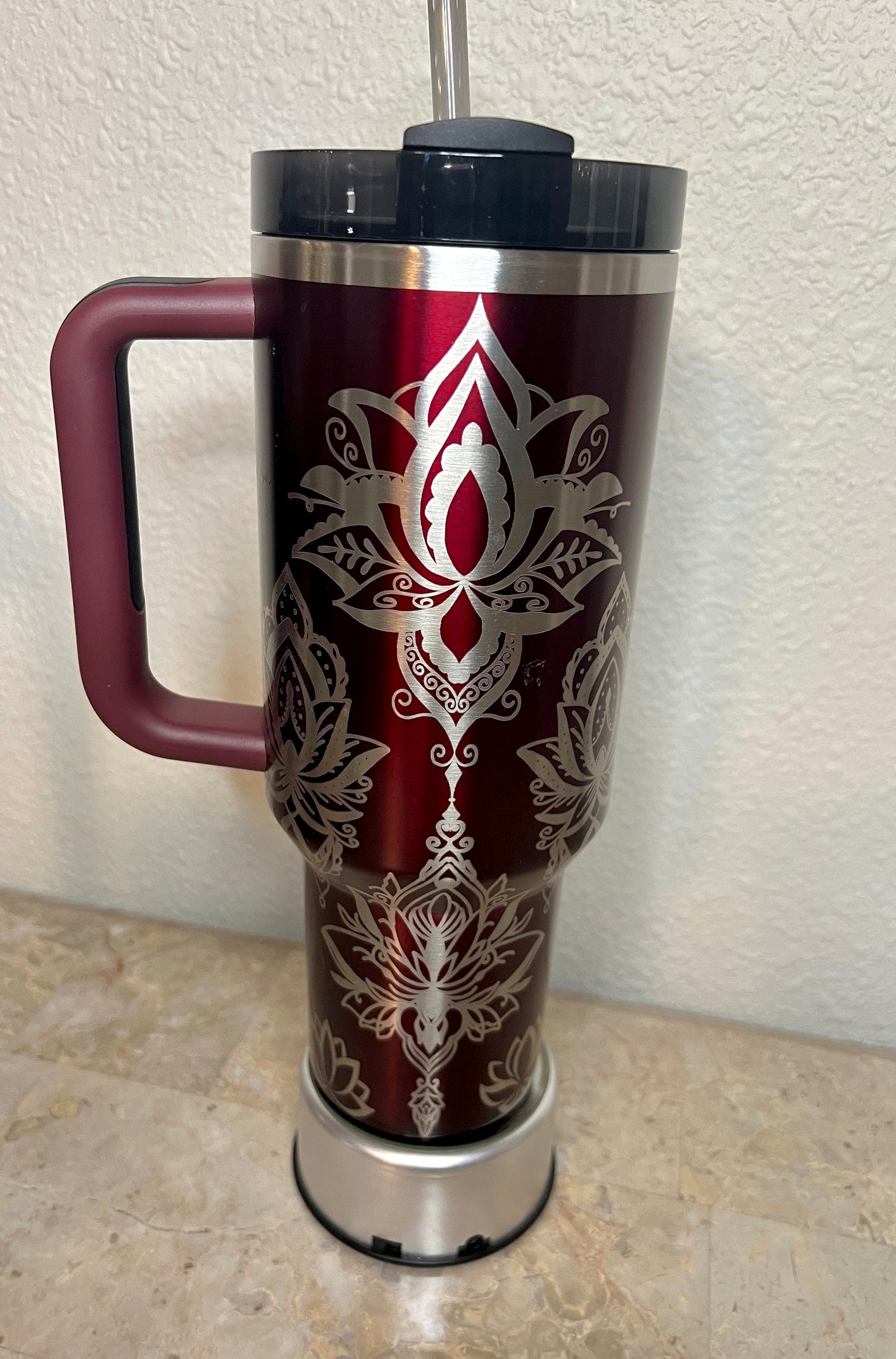 Lotus Flower -40 OZ Stanley Quencher H2.0 Travel Tumbler with Handle-Full Wrap Laser Engraved