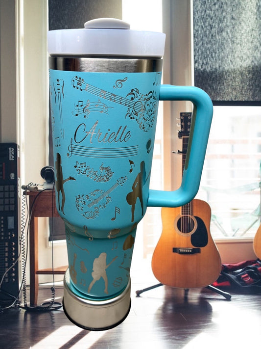 Female Guitar Tumbler -40 Oz Stanley Quencher H2.0 Travel Tumbler with Handle - Full Wrap Engraved