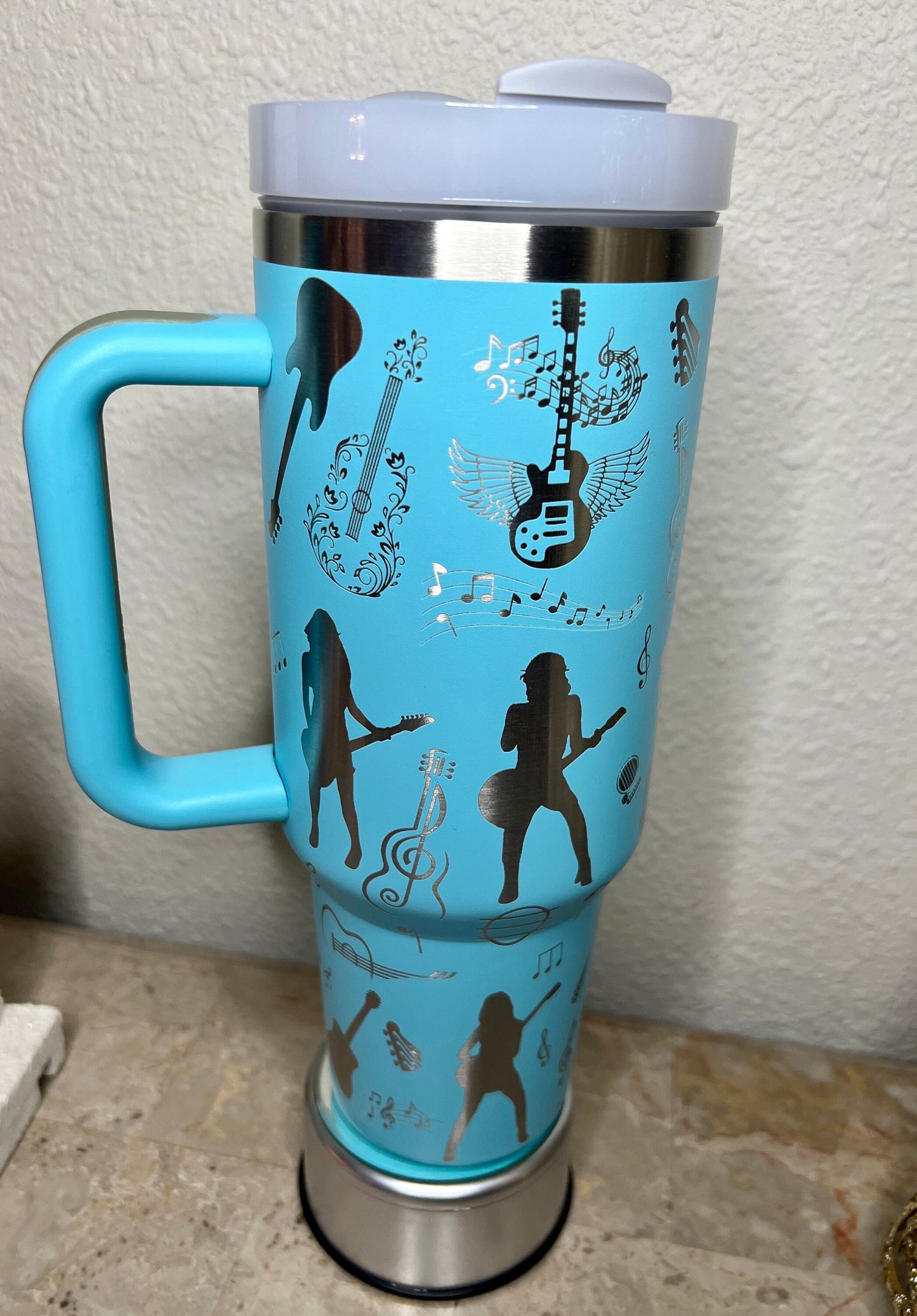 Female Guitar Tumbler -40 Oz Stanley Quencher H2.0 Travel Tumbler with Handle - Full Wrap Engraved