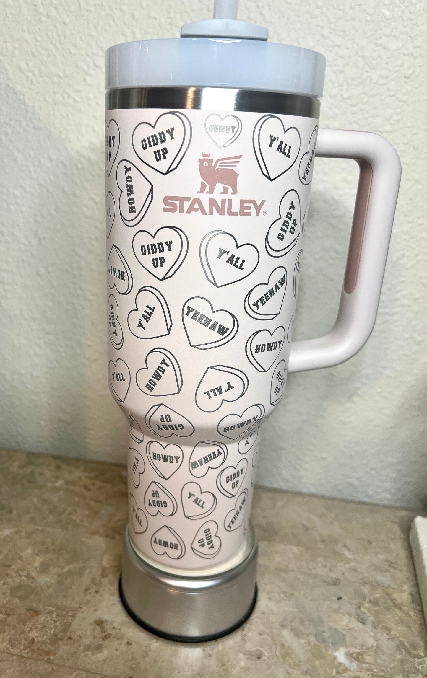 Candy Hearts Y’all -40 OZ Stanley Quencher H2.0 Travel Tumbler with Handle-Full Wrap Laser Engraved