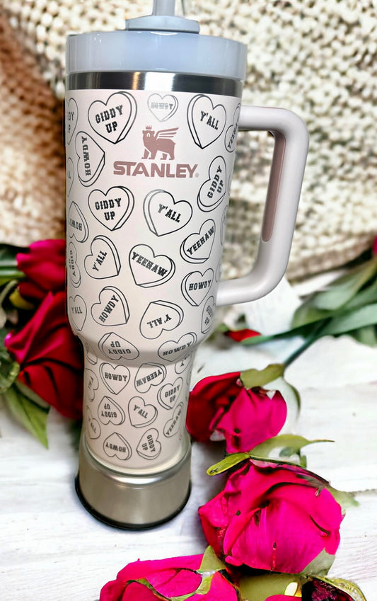 Candy Hearts Y’all -40 OZ Stanley Quencher H2.0 Travel Tumbler with Handle-Full Wrap Laser Engraved