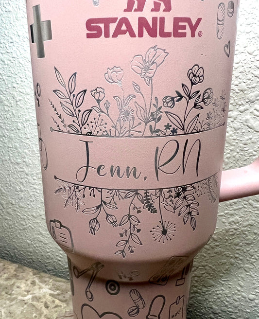 Floral Split or Sunflower Split Name Engraved-40 OZ  or 30 OZ Stanley Quencher H2.0 Travel Tumbler with Handle-Laser Engraved