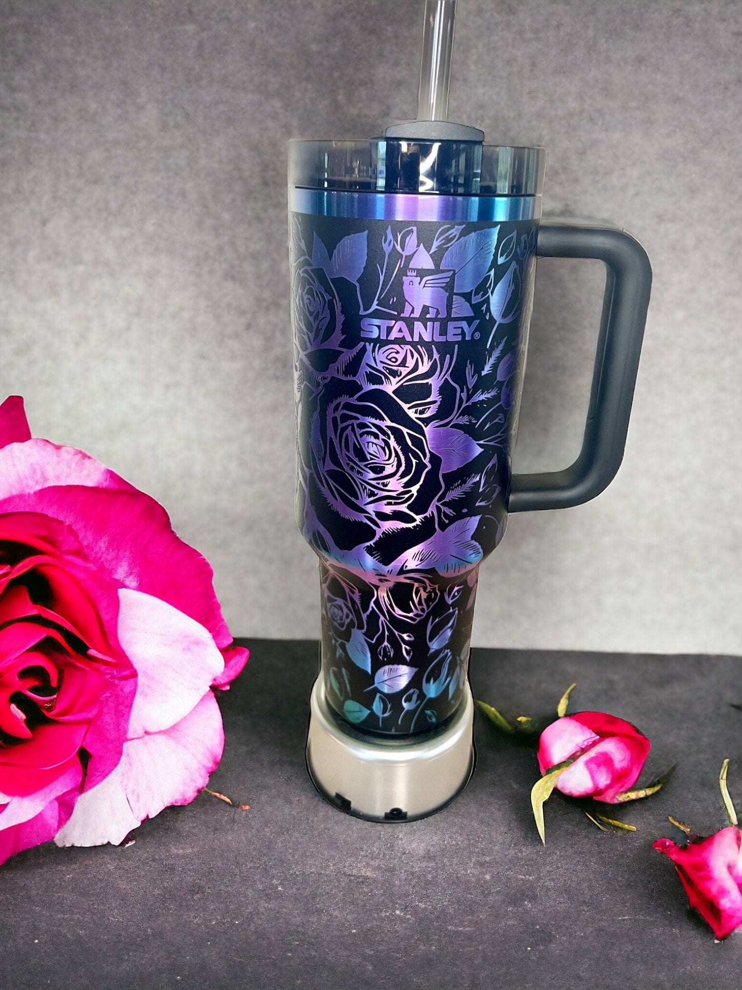 Rose Bouquet -40 Oz Stanley Quencher H2.0 Travel Tumbler with Handle - Full Wrap Engraved-