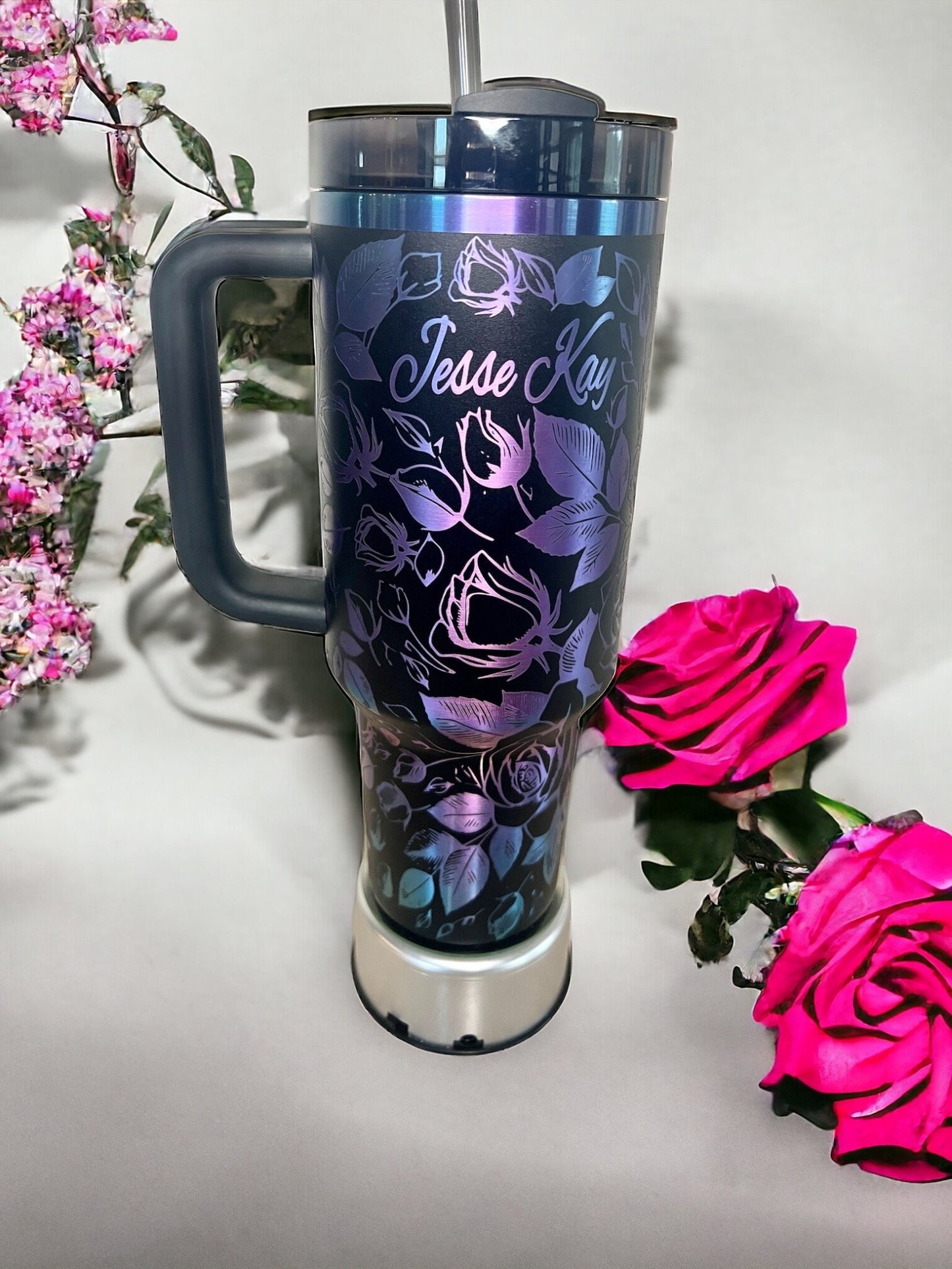 Rose Bouquet -40 Oz Stanley Quencher H2.0 Travel Tumbler with Handle - Full Wrap Engraved-