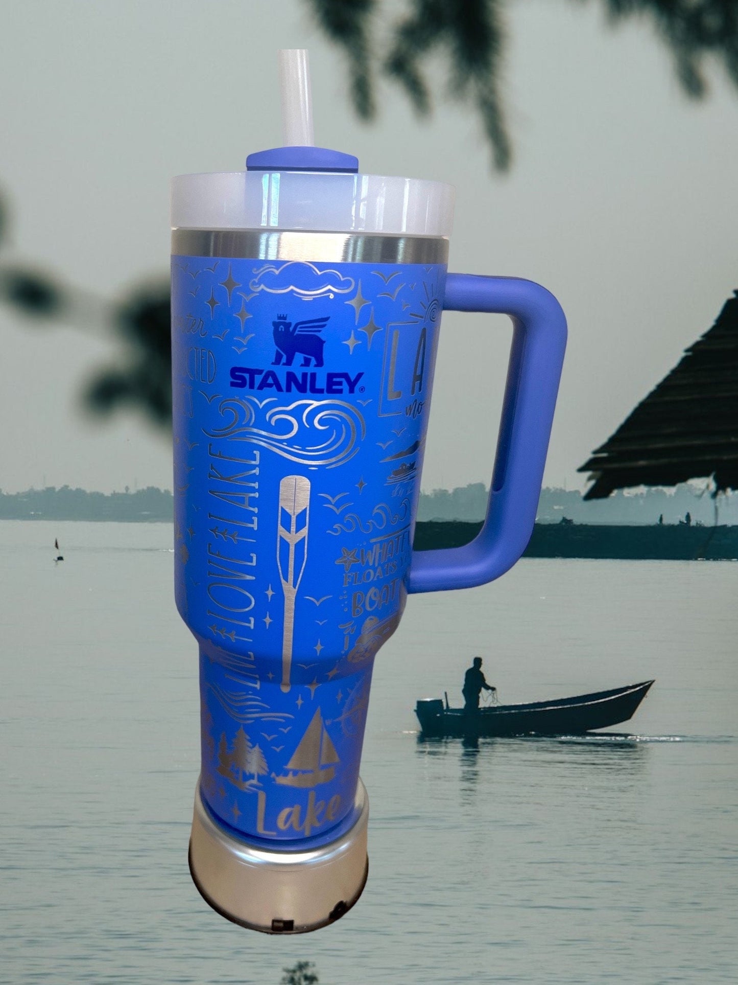 Lake Life -40 OZ Stanley Quencher H2.0 Travel Tumbler with Handle-Full Wrap Laser Engraved