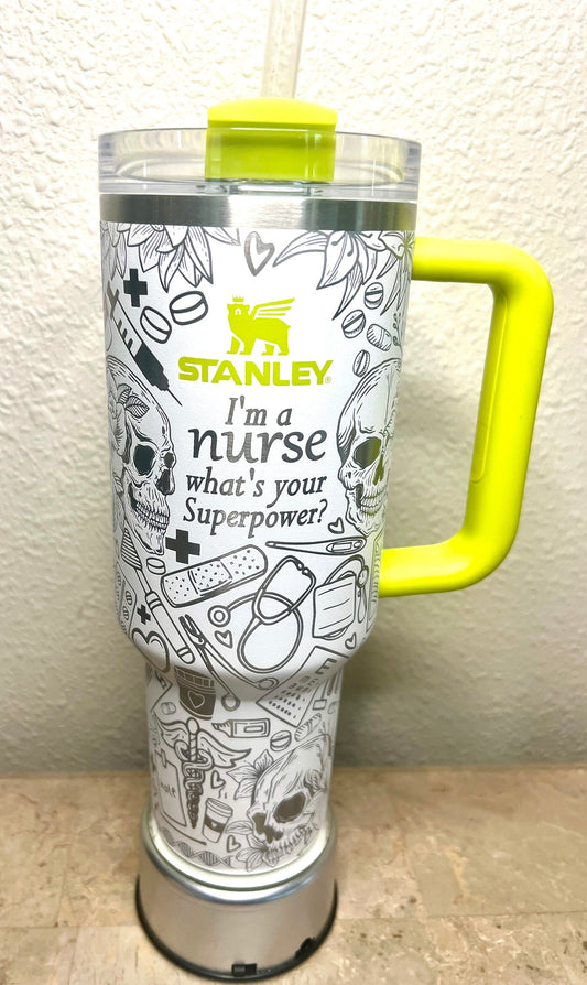 Nurse with Skulls-40 Oz Stanley Quencher H2.0 Travel Tumbler with Handle - Full Wrap Engraved - Gift-