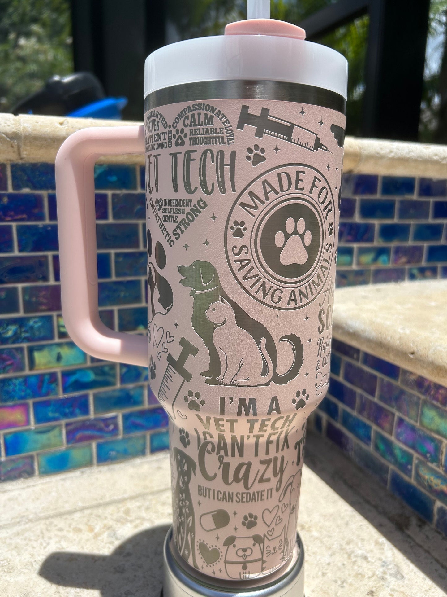 Vet Tech -40 Oz Stanley  Quencher H2.0 Travel Tumbler/Cup with Handle -Full Wrap Engraved, gifts for him,gifts for her, presents
