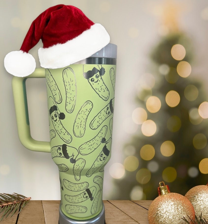 Santa Hat Pickles Stanley Tumbler: Laser Engraved Full Wrap (40/30 OZ)