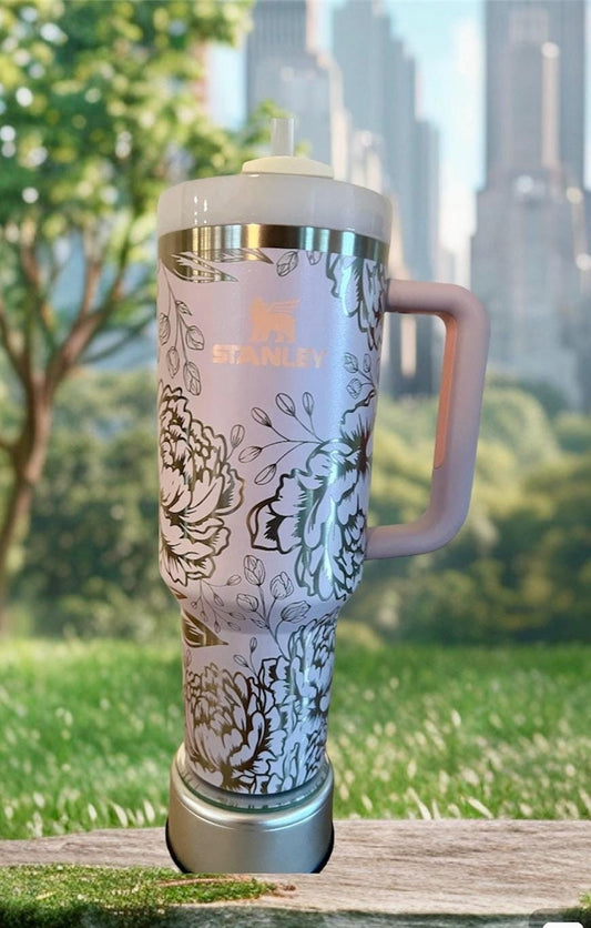 Peony Engraved Stanley Quencher H2.0 - 40 Oz Travel Tumbler