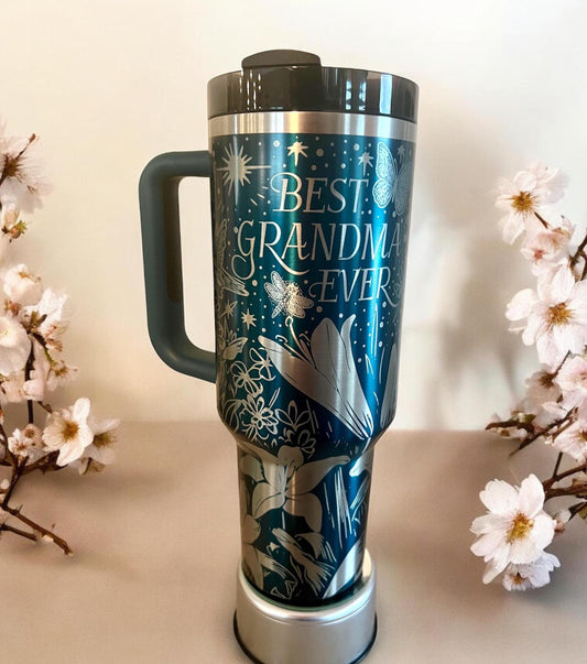 Best Grandma Ever Floral design-40 Oz Stanley Quencher H2.0 Travel Tumbler/Cup with Handle - Full Wrap Engraved, gift for her, birthday