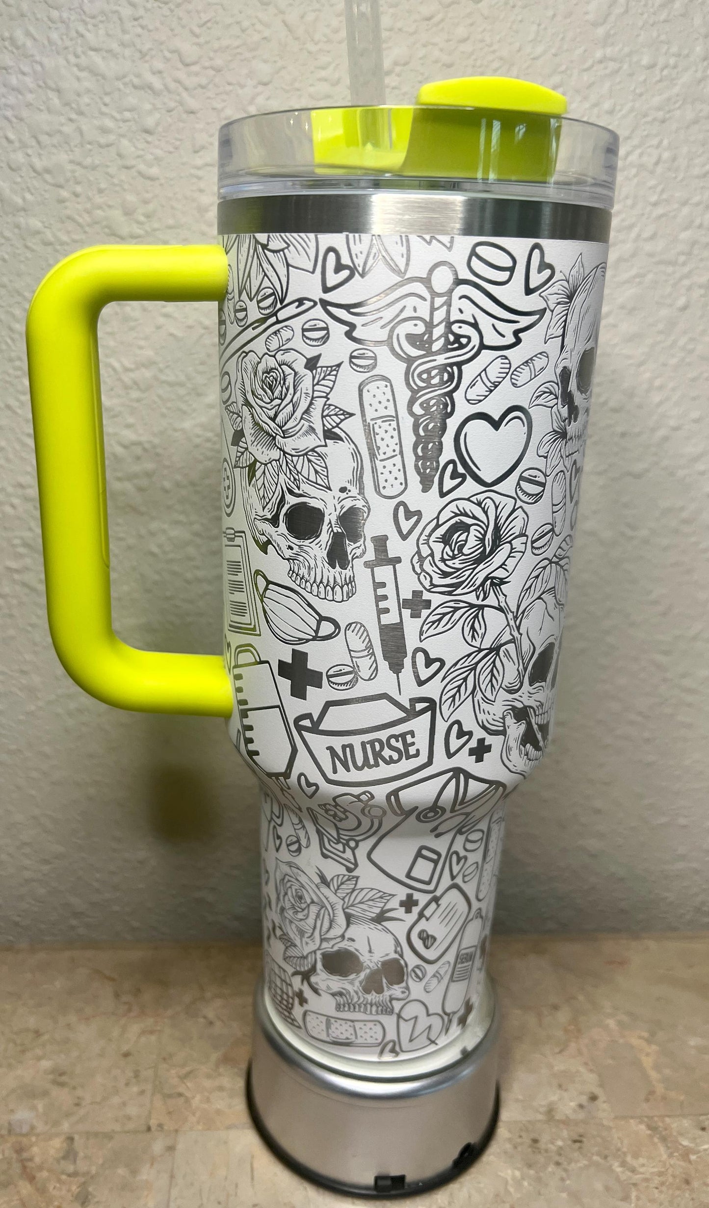 Laser Engraved Nurse Skull Tumbler: 40oz Quencher Travel Cup