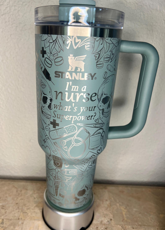 Laser Engraved Nurse Skull Tumbler: 40oz Quencher Travel Cup