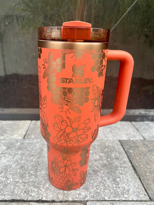 Honey Bee Stanley Quencher: 40oz Laser Engraved Travel Tumbler