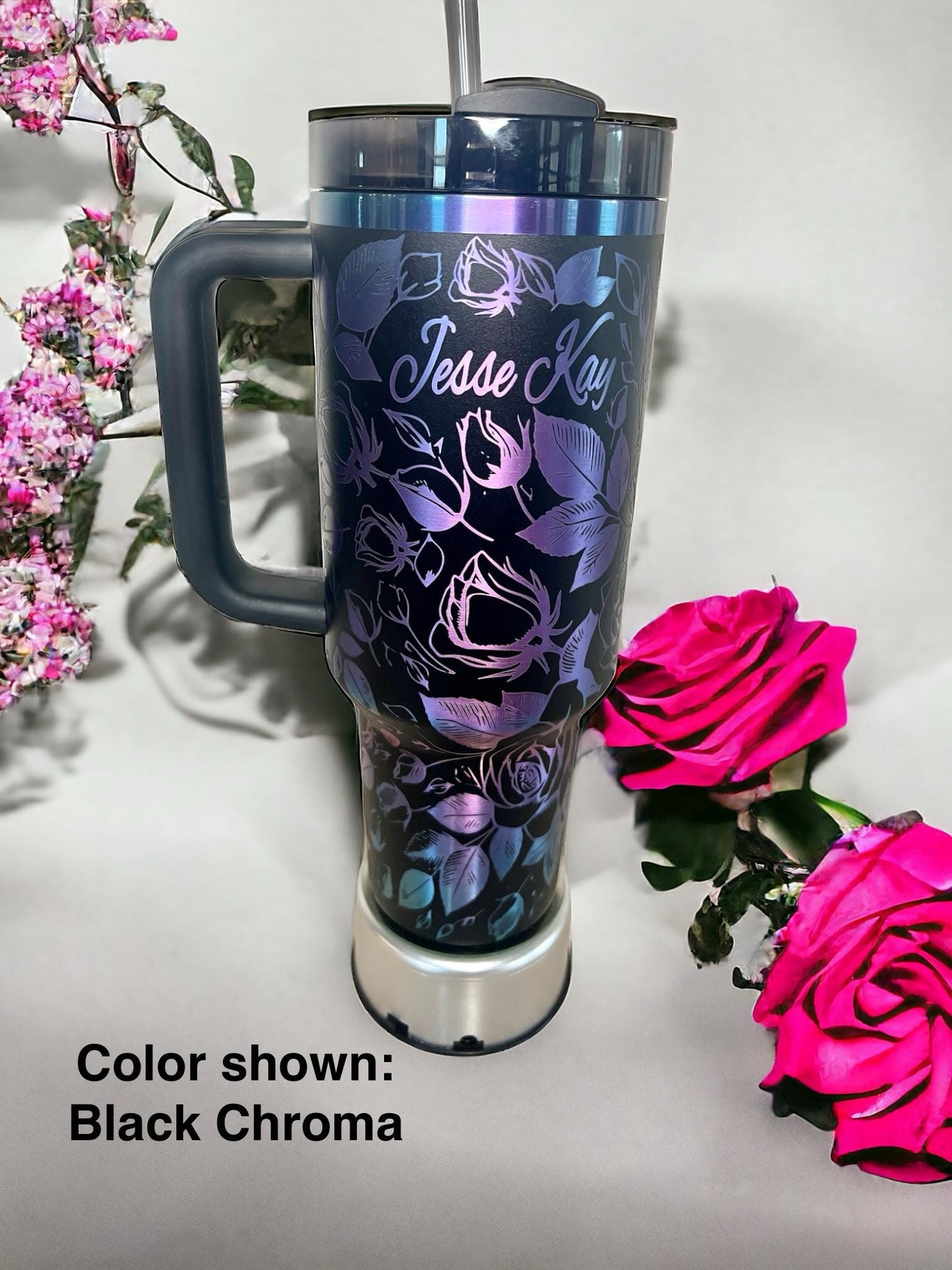 Engraved Rose Bouquet Stanley Tumbler - 40 oz H2.0 Travel Quencher