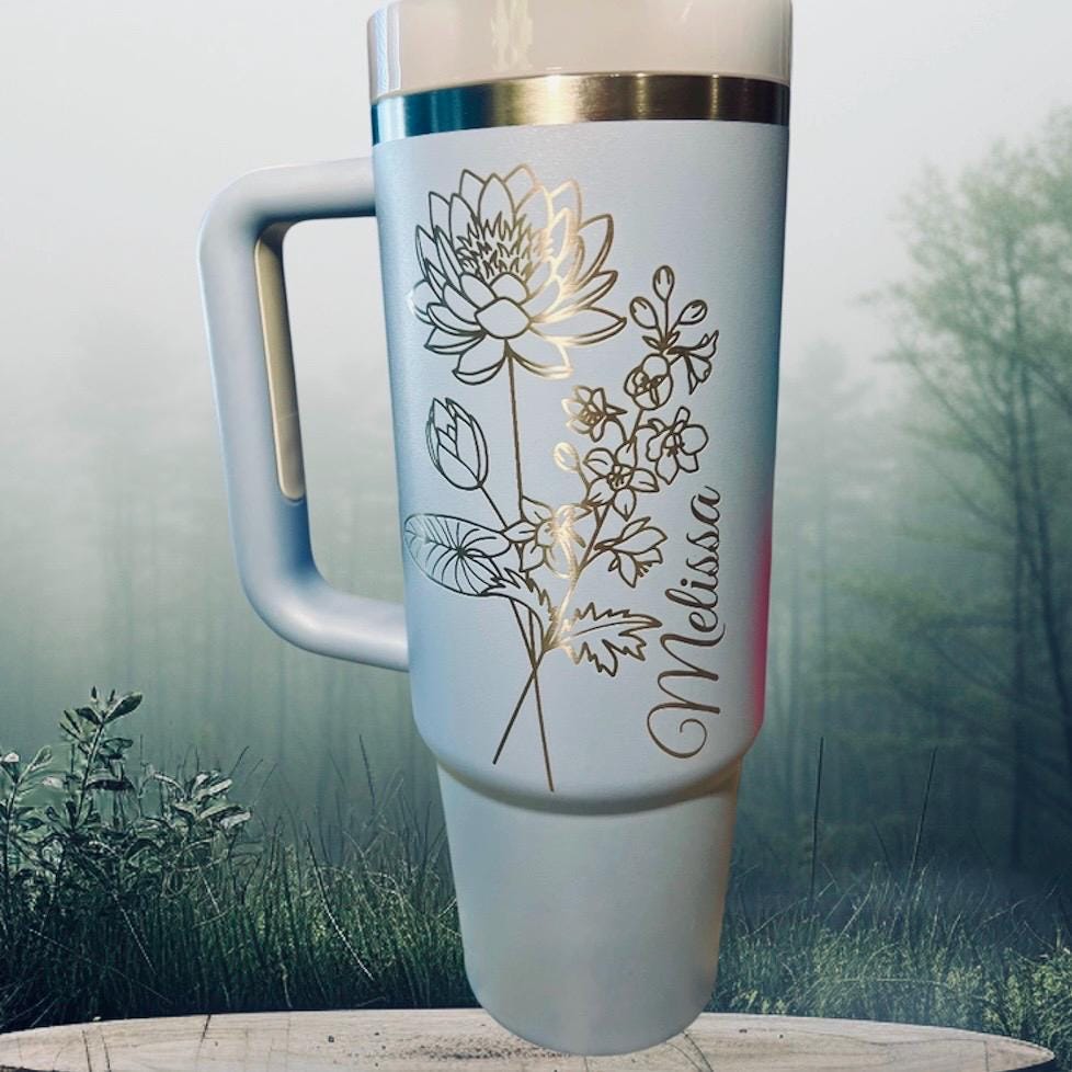 Engraved Birth Flower Stanley Tumbler - Personalized 40 Oz Quencher