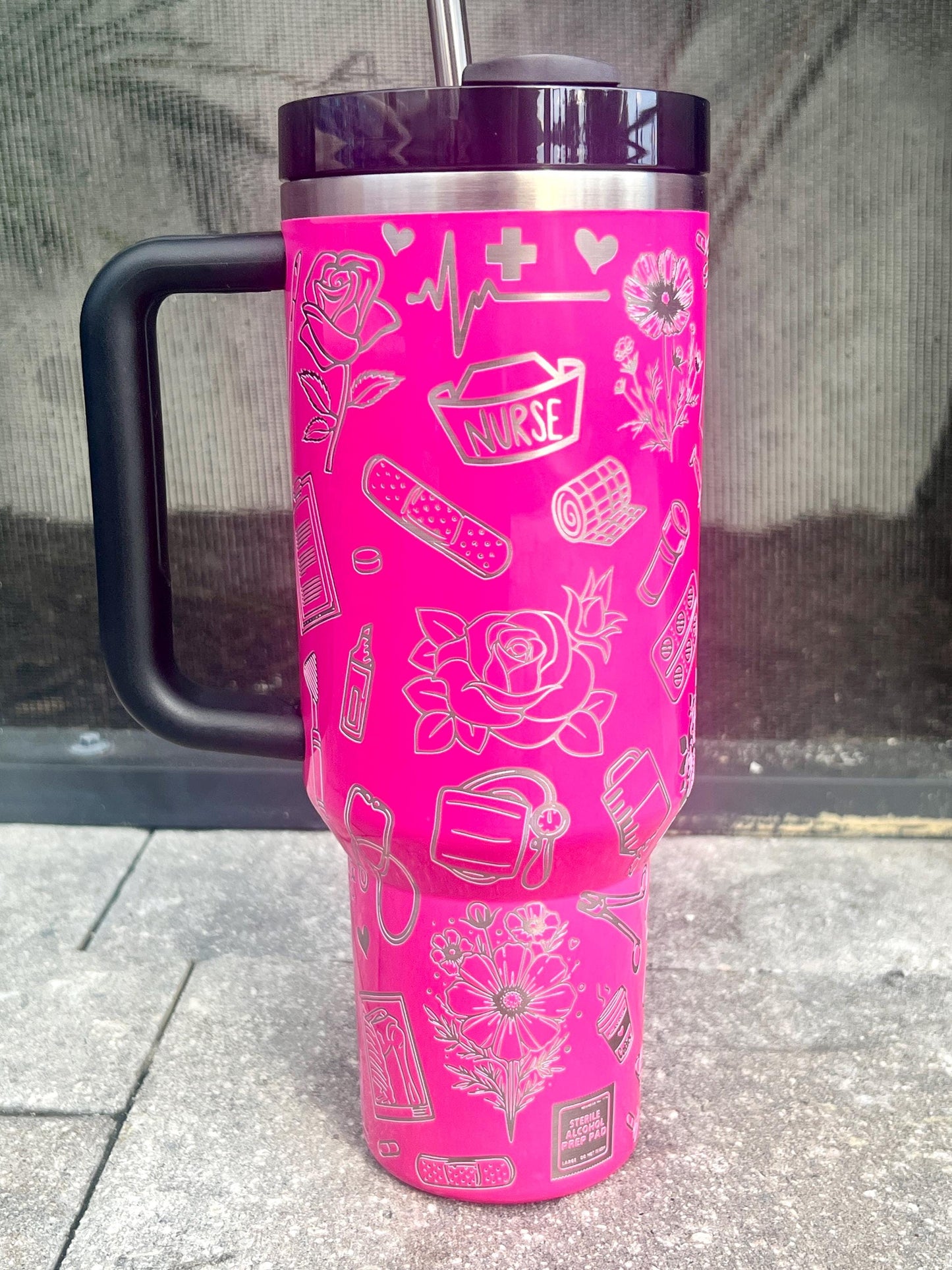 Custom Engraved 40 Oz Stanley Quencher: Floral Nurse Tumbler