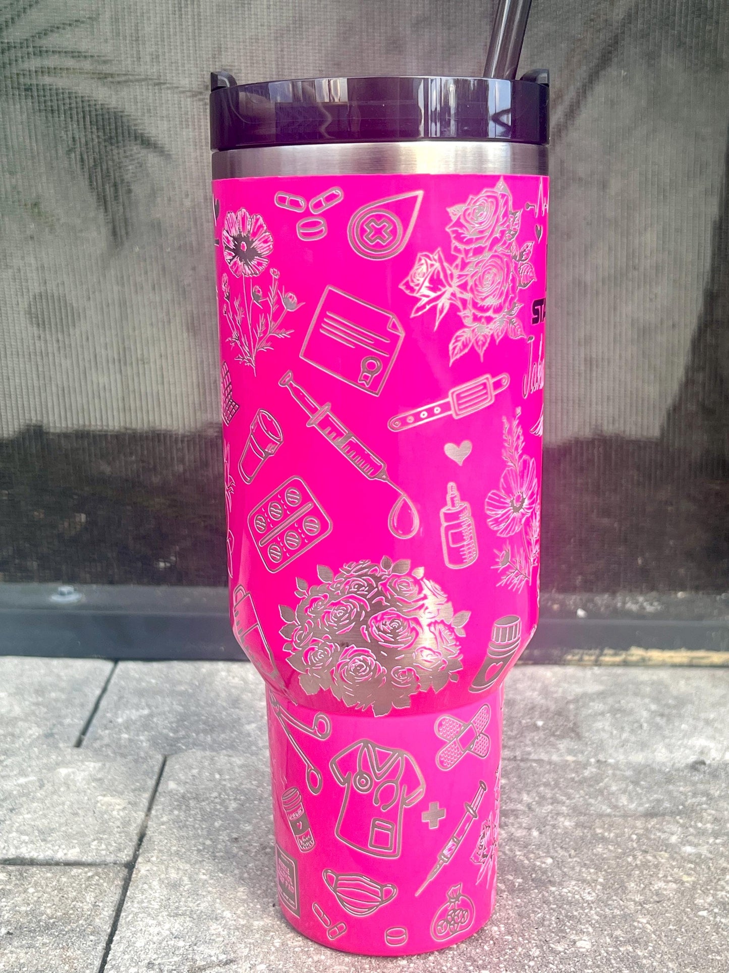 Custom Engraved 40 Oz Stanley Quencher: Floral Nurse Tumbler