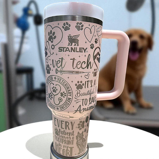 Vet Tech -40 Oz Stanley  Quencher H2.0 Travel Tumbler/Cup with Handle -Full Wrap Engraved, gifts for him,gifts for her, presents