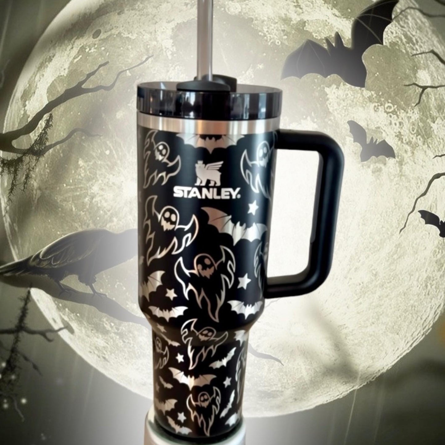 Ghost Engraved 40 Oz Tumbler: Halloween Travel Cup with Handle