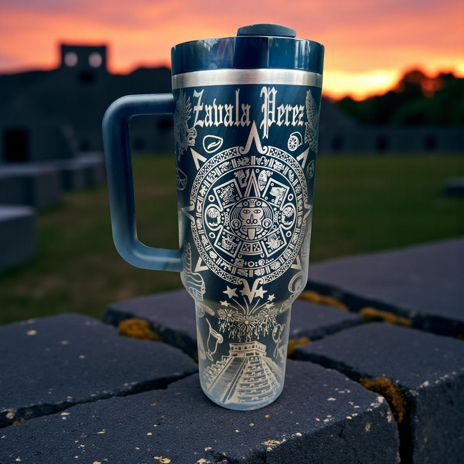 Aztec calendar, Mayan temple, personalized name, and dual eagle motifs in a detailed Mexican heritage wrap on a Black Stanley 40oz Quencher H2.0.