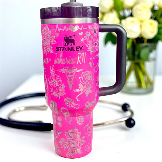 Custom Engraved 40 Oz Stanley Quencher: Floral Nurse Tumbler