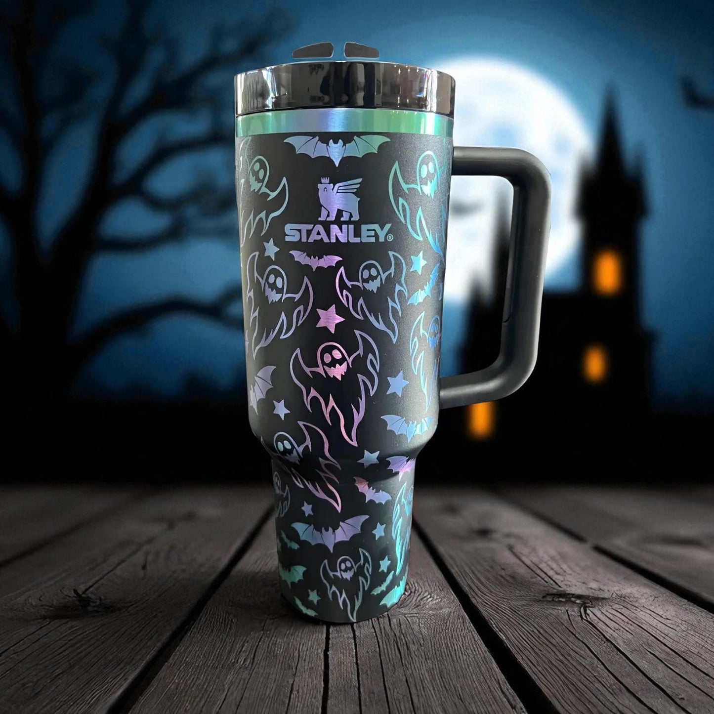 Ghost Engraved 40 Oz Tumbler: Halloween Travel Cup with Handle