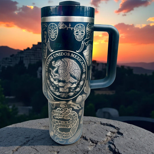 Mexican heritage eagle emblem engraving in a highly detailed full-wrap design on a Black Stanley 40oz Quencher H2.0 personalized tumbler.