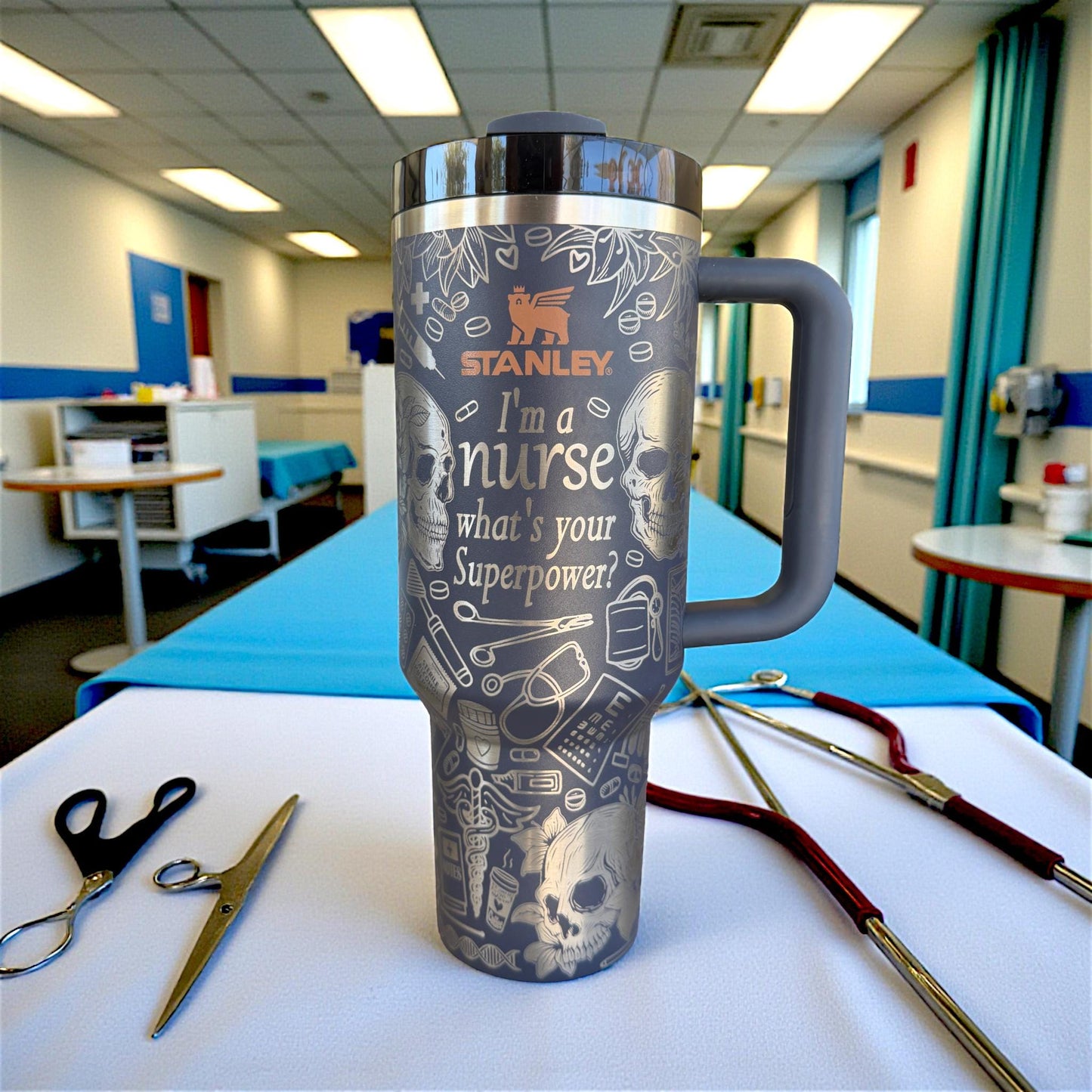 Nurse Skull Laser Engraved Stanley  40oz Quencher Travel Cup