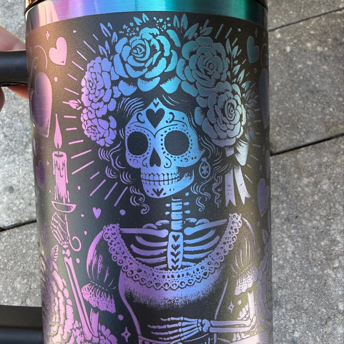 Dia de los Muertos Engraved Stanley Tumbler - Highly Detailed Full Wrap - Personalized Name- Day of the Dead