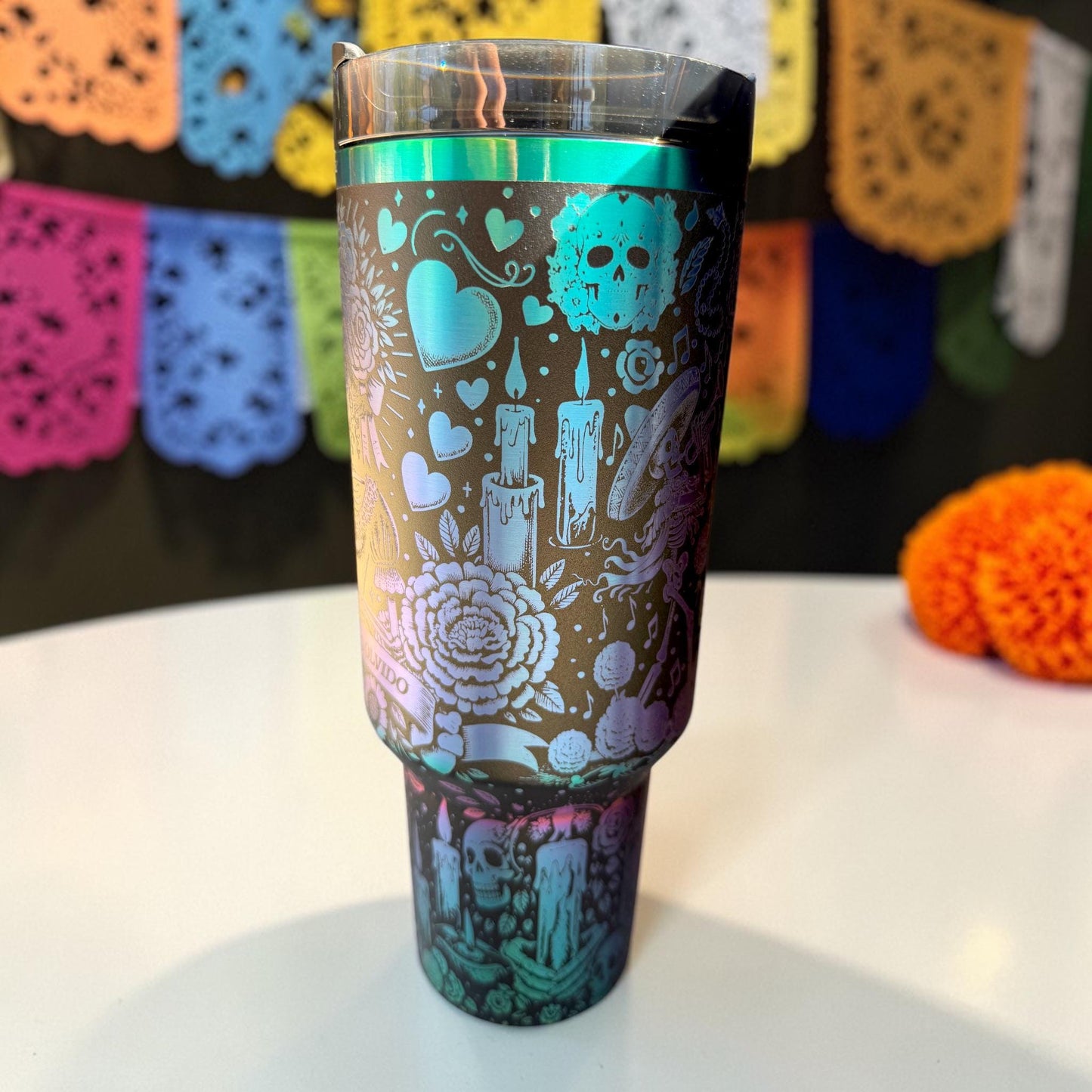 Dia de los Muertos Engraved Stanley Tumbler - Highly Detailed Full Wrap - Personalized Name- Day of the Dead