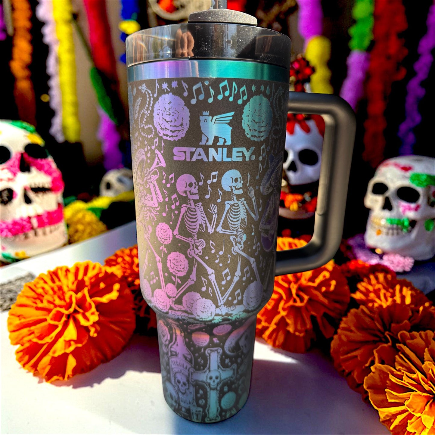 Dia de los Muertos Engraved Stanley Tumbler - Highly Detailed Full Wrap - Personalized Name- Day of the Dead