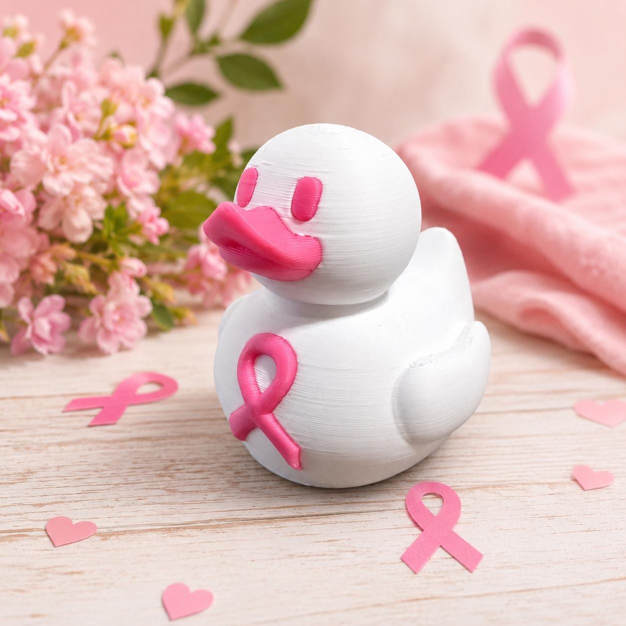3D Printed Breast Cancer Awareness Duck, Pink Ribbon Support Keepsake